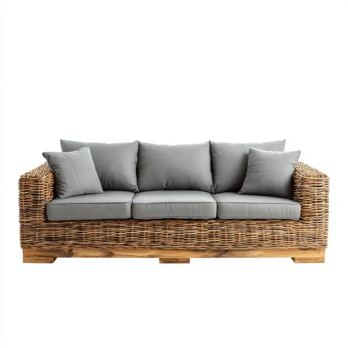 Trzyosobowa sofa ogrodowa z rattanu i drewna akacjowego, szara/naturalny brąz, 230 × 90 × 85 cm