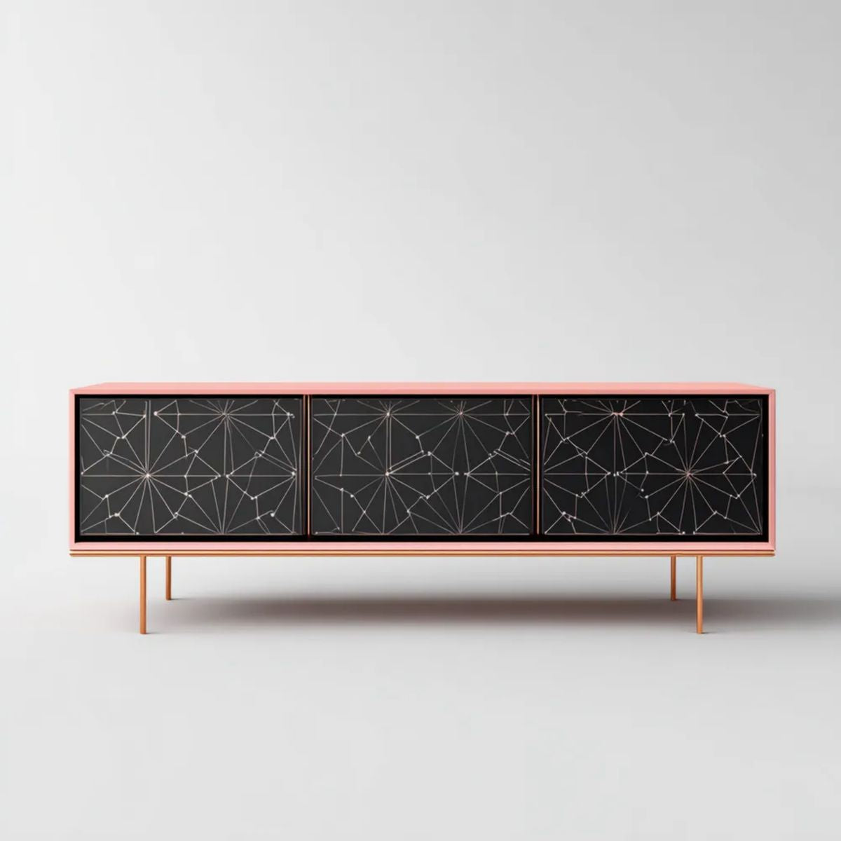 Komoda RTV z 3 drzwiami czarno-różowa z MDF i stalowymi nogami, 180 x 40 x 75 cm