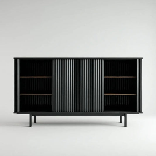 Czarna komoda MDF z ryflowanymi drzwiami przesuwnymi, 180 × 40 × 90 cm