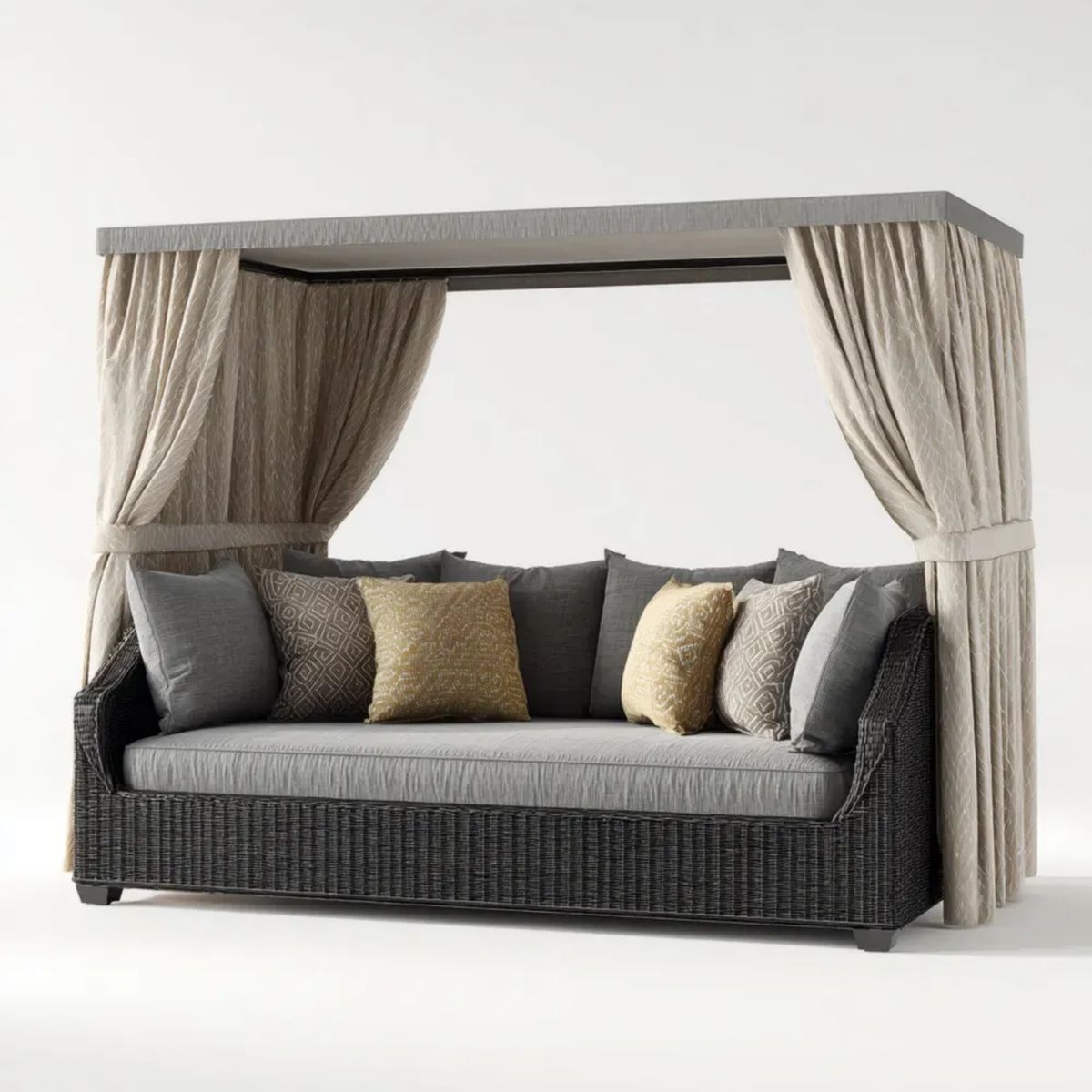 Trzyosobowa sofa ogrodowa z baldachimem z technorattanu grafitowo-beżowa 220 x 90 x 200 cm