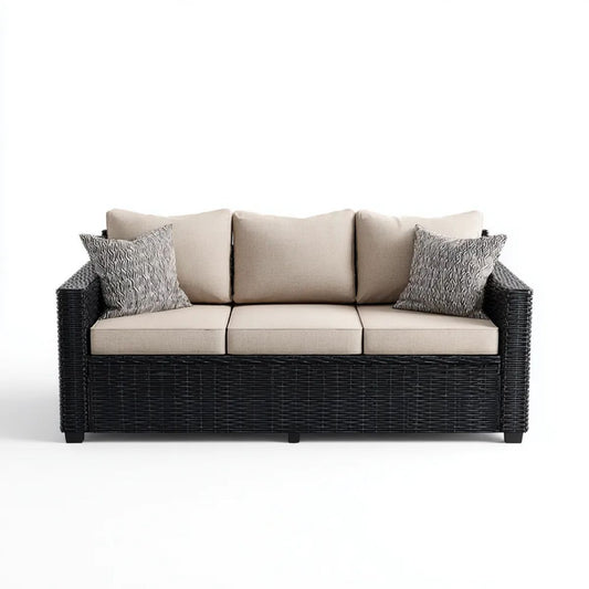 3-osobowa sofa ogrodowa z technorattanu, czarna z beżowymi poduszkami, 200 × 75 × 85 cm