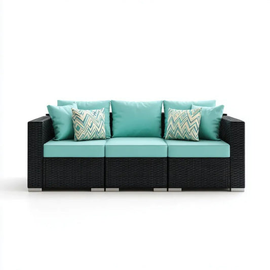 3-osobowa sofa ogrodowa z rattanu PE, czarna z turkusowymi poduszkami, 210 x 75 x 65 cm