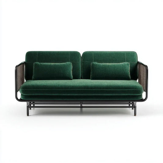 Dwuosobowa sofa z zielonego aksamitu na stalowej ramie, 160 x 75 x 80 cm