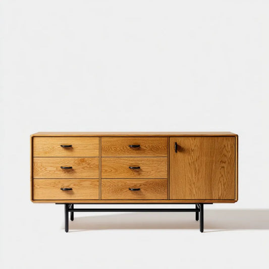 Prostokątna komoda z 6 szufladami i szafką, dębowa płyta MDF, 160 × 40 × 85 cm