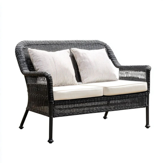 2-osobowa sofa ogrodowa z technorattanu, czarna/kremowa, 132 × 78 × 90 cm