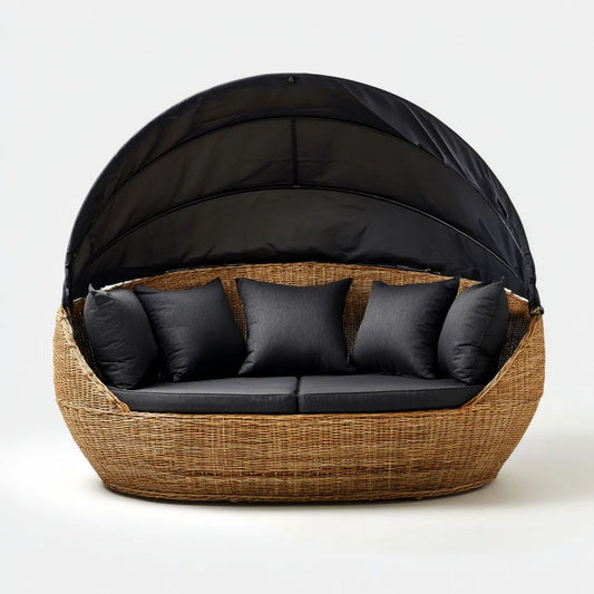 Dwuosobowa półokrągła sofa ogrodowa z daszkiem z plecionki PE, naturalny brąz/czarny, 180 x 95 x 155 cm