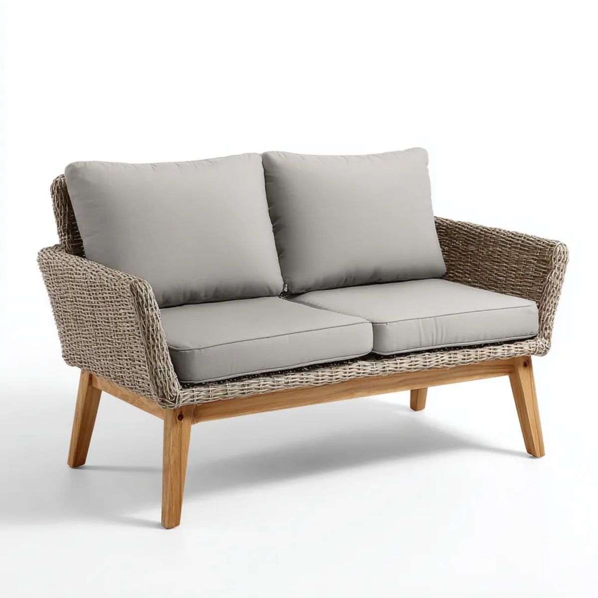 Dwuosobowa sofa ogrodowa z plecionki PE i drewna akacjowego, szara, 130 x 75 x 78 cm